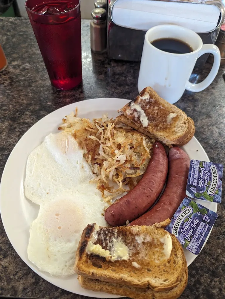 Eggs Smoked Sausage and Hash Browns with Wheat Toast