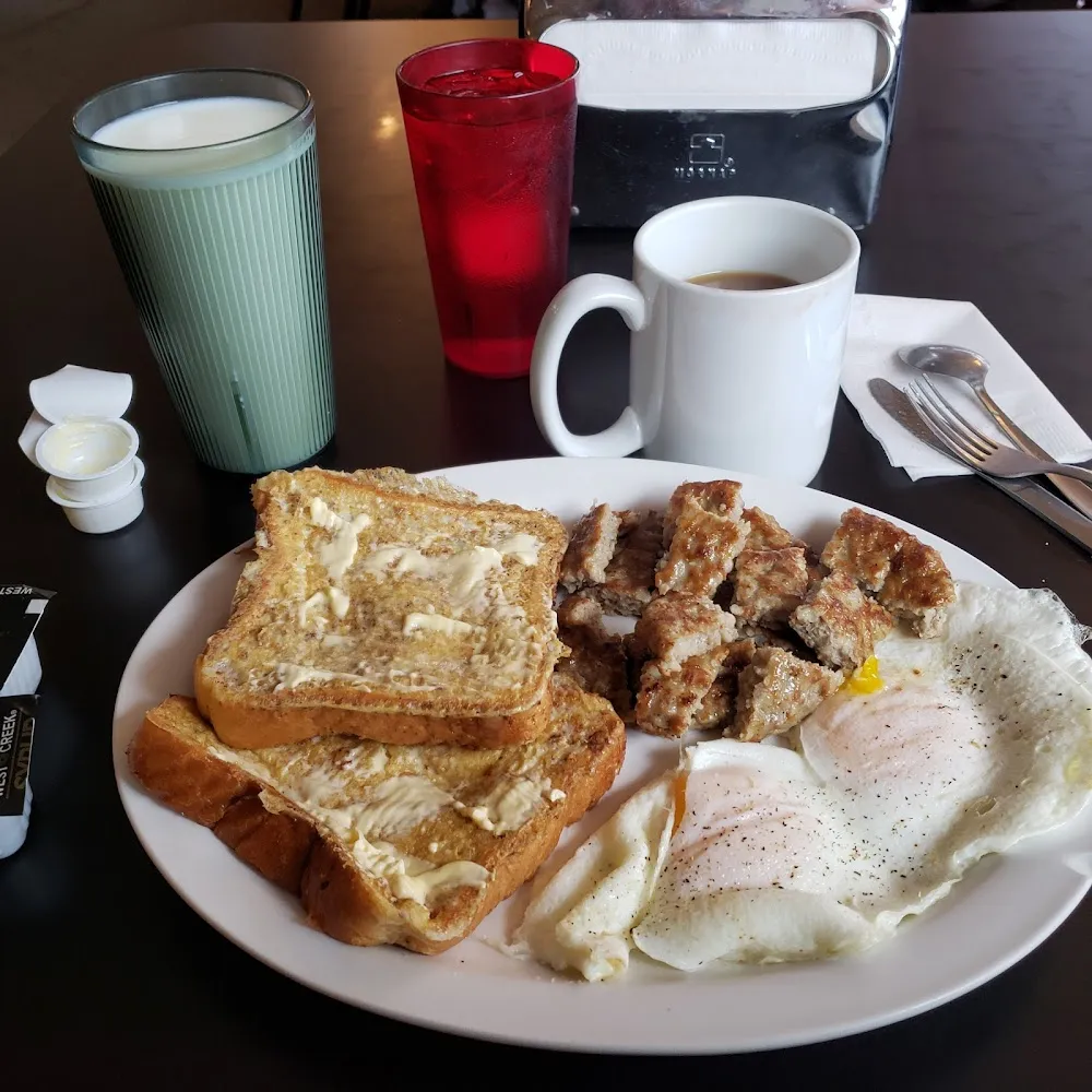 French Toast with Om Eggs and Sausage Patties